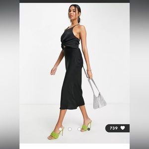 ASOS DESIGN knot front satin midi dress with tie back